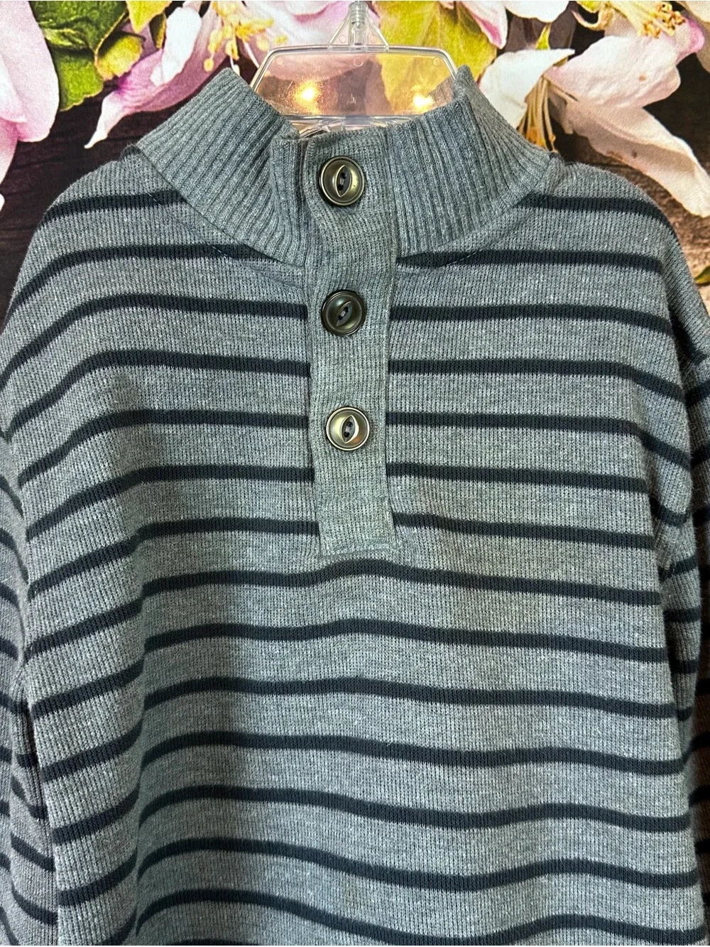 Cherokee Little Boys Cotton Gray Striped Buttons Front Knit Sweater